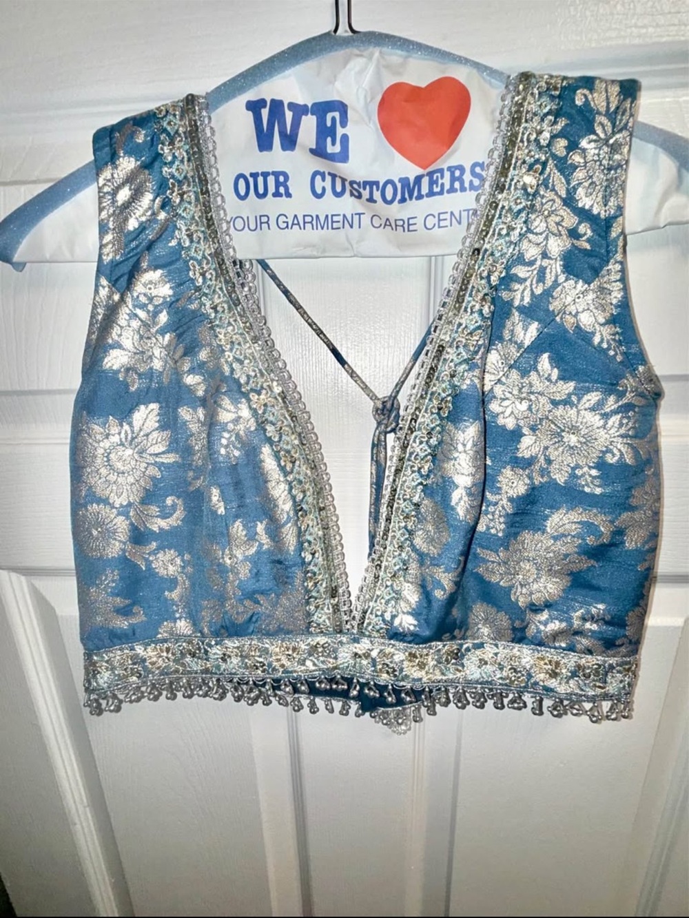Blue Metallic Floral Embellished Sleeveless Lehenga